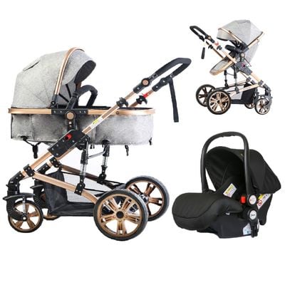 Teknum 3In1 Pram Stroller | Sleeping Bassinet | Extra Wide Seat | Wide Canopy | 360° Rotating Wheels | Fully Reclinable | Car Seat Compatible | Coffee Holder | Spill Proof Mat | Newborn Baby | 0 - 3 Years | Grey + Infant Car Seat